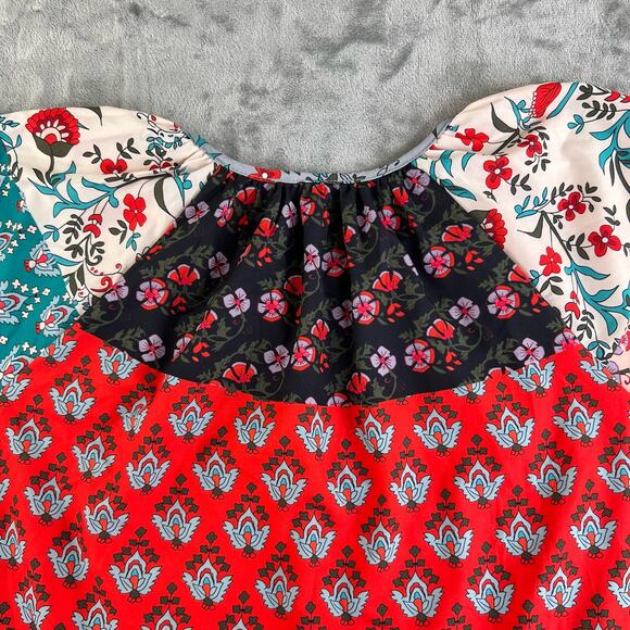 Boho Floral Multicolor Patchwork Print Blouse Womens Sz M Tassel Tie Long Sleeve - Picture 12 of 16
